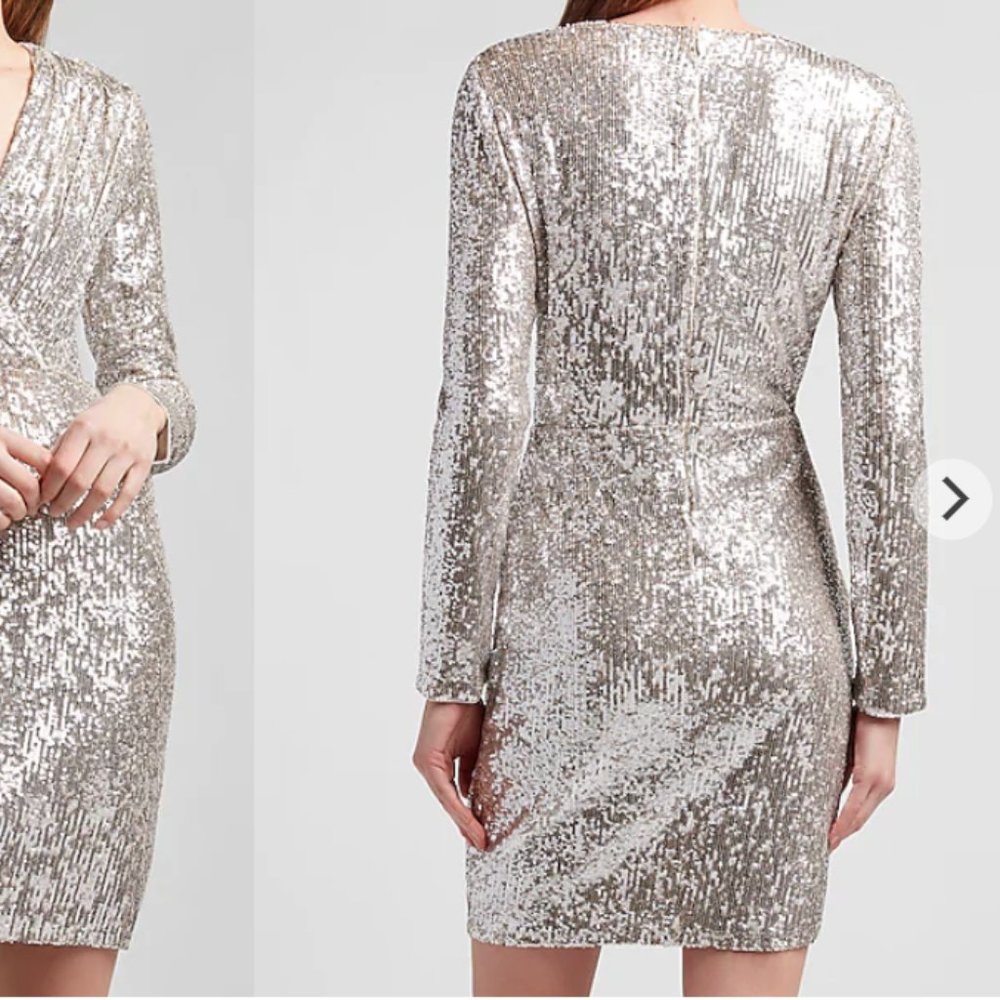EXPRESS Sequin Wrap Front Sheath Dress Silver - Picture 2 of 2